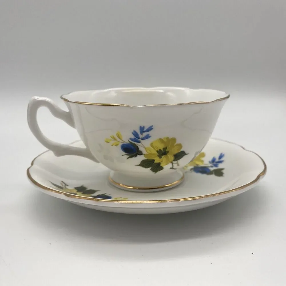 Royal Grafton Bone Chine Blue & Yellow Floral Tea Cup Saucer Set